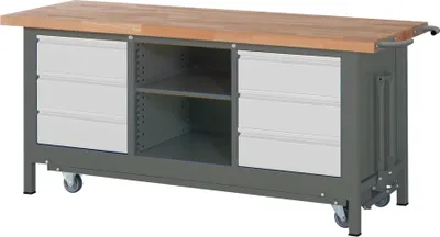Produktbild von STIER Werkbank Premium mit abs. Fahrgestell, 6 Schubladen und einem offenen Fach BxTxH 2000x700x880mm