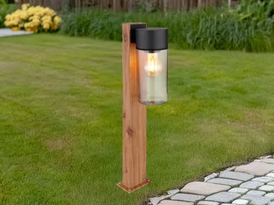 Produktbild von Globo Lighting Außenleuchte Edelstahl holzoptik dunkel, Edelstahl schwarz matt, Glas rauchfarben, Richtung Lichtschein: abwärts, IP44, LxBxH: 90x145x500mm, exkl. 1x E27 40W 230V