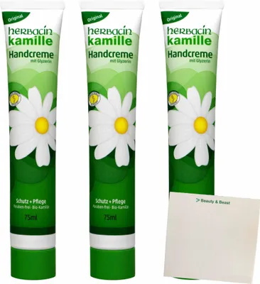 Produktbild von Herbacin Kamille Handcreme mit Glyzerin 3er Pack (3x75ml Tube) + usy Block