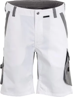 A pair of white and gray cargo shorts.