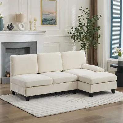Zdjęcie produktu dla Merax Narożnik w kształcie litery L, 3-osobowy, z funkcją spania, tapicerowana sofa rozkładana do salonu i mieszkania, zajmująca mało miejsca sofa z obiciem materiałowym, beżowa