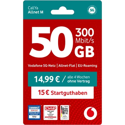 Produktbild von Vodafone Prepaid CallYa M | 50 GB | 15 EUR Guthaben | ohne Vertrag | 5G | Allnet Flat | EU-Roaming | Weltweit nutzbar