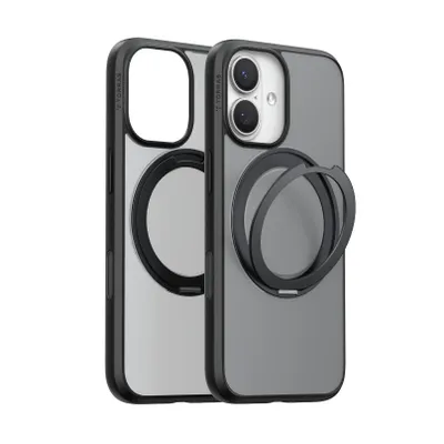 Two identical phone cases are shown side-by-side against a white background. One case is slightly in front of the other, and both are angled to show their features. The case on the right has a ring stand extended outwards.