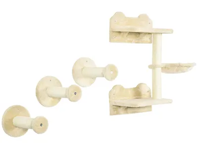 A set of cat climbing and scratching furniture pieces arranged on a white background.
