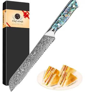 Immagine prodotto di Coltello da pane, acciaio damascato, lama seghettata, coltello da pane