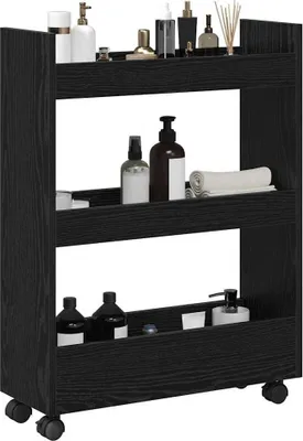 A black rolling storage cart with three shelves, filled with various toiletries and bathroom accessories.