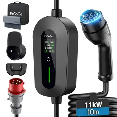 Immagine prodotto di Wallbox portatile da 11 kW con cavo di ricarica Type 2 da 10 metri e capacità di ricarica trifase