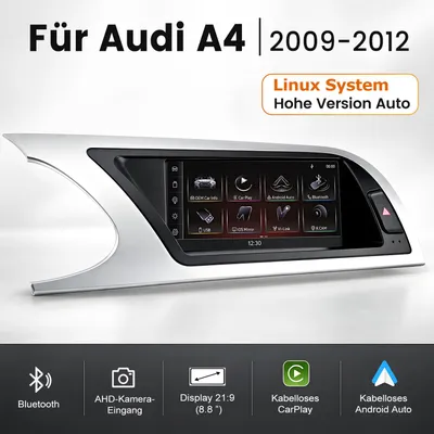 Obrázek produktu pro Autorádio pro Audi A4 MMI 3G (2009-2012) s operačním systémem Linux, 8,8 palců, s bezdrátovým CarPlay a Android Auto, Bluetooth a AUX vstupem