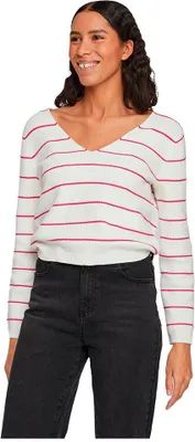 Image de Pull Vila Chao, col en V, blanc et rose, taille XL, pour femme. Blanc et rose, taille XL