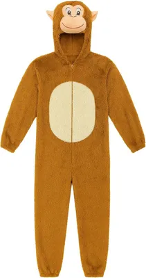 A full-body view of a brown monkey costume for adults, laid flat against a white background.