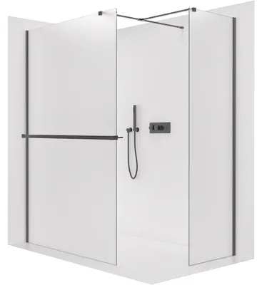 Obrázek produktu pro Sprchová zástěna Walk-in Onyx T L/P - 8 mm - hranatá vzpěra + polička/držák na ručníky - černá matná, mléčné sklo - 90x30x200 cm