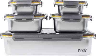 A set of stainless steel food storage containers with gray and yellow lids, stacked on top of each other.