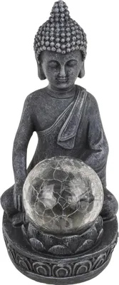 A Buddha statue with a cracked glass orb.
