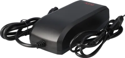A black power adapter with cables.
