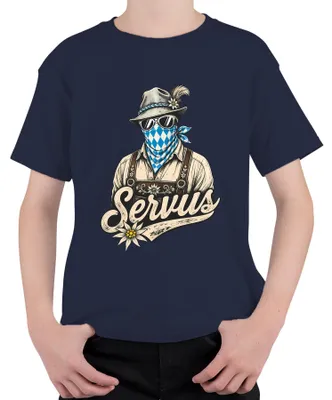 Productafbeelding van Servus, traditionele lederhosen, klederdracht, Wiesn, , dirndl, volksfest, kinder T-shirt, marineblauw, maat 104