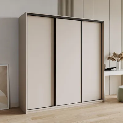 Produktbild von Masseno Schiebetürenschrank NISSE 180/205/60 cm Kleiderschrank mit 4 Schubladen Schlafzimmer Schrank 3-türig Kaschmir