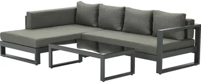 A sectional outdoor sofa set with a coffee table, displayed on a white background.