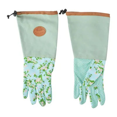 Produktbild von Esschert Design Jute Handschuhe mit Rosendruck, 18 x 1,2 x 37 cm, lang, mit Unterarmschutz, mit Noppen, Grundfarbe grün