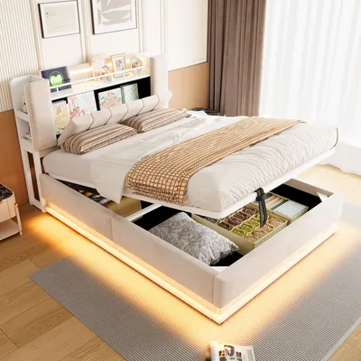 Immagine prodotto di Letto imbottito 140x200 cm, con illuminazione a LED, dotato di porta USB, con spazio contenitivo, con testiera imbottita, color beige
