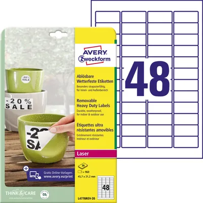 Obrázek produktu pro Avery L4778REV-20, Bílá, Zaoblený obdélník, Permanentní, Polyester, Matný, 48 kusů