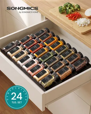 Produktbild von SONGMICS Gewürzgläser 24er Set, Eckige Gewürzdosen aus Glas, Luftdicht mit Etiketten, 120 ml, 4,5 x 4,5 x 10,5 cm, Schwarz