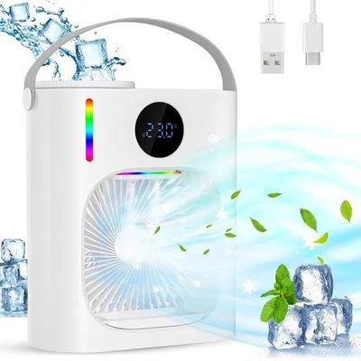 Image de Unyqoos® Mini-climatiseur portable 4-en-1 compact – Refroidisseur d'air avec brume rafraîchissante et veilleuse à 7 couleurs, réservoir de 900 ml, 3 vitesses, minuterie 2-12 heures, 9 W, 35 dB, USB