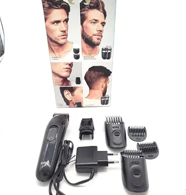 A collage of images showing a man's face and haircut, along with the Braun beard trimmer and its accessories.