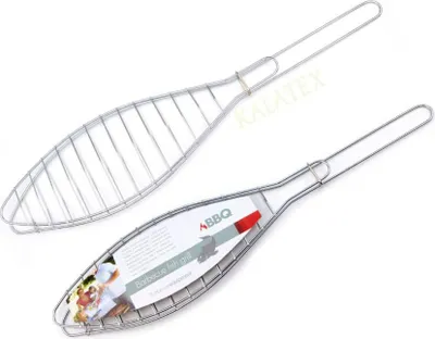 Two fish-shaped grill baskets are shown against a white background. One basket is empty, while the other has a product label attached.