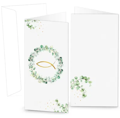 Produktbild von 10 Klappkarten & Kuvert Eukalyptus Fisch grün gold 10,5x21cm
