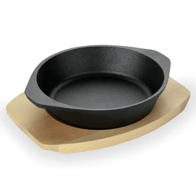 Produktbild von Servierpfanne mit Holzuntersetzer, Gusseisen unbeschichtet, Ø 18 cm