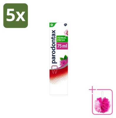 Image de 5 tubes de dentifrice Parodontax Herbal Fresh, saveur bergamote et menthe, 75 ml, lot économique de 5 pièces