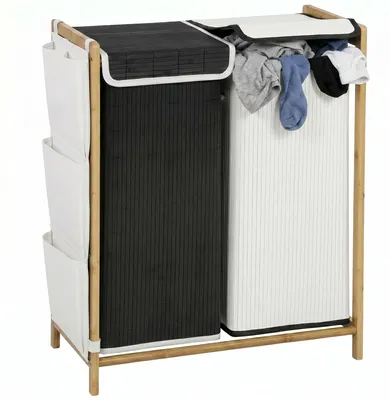 Image de Panier à linge, structure en bambou, design amovible, noir et blanc