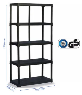 Produktbild von Regal 100x176x45 cm, 5 Böden, schwarz, 225 kg Traglast, wandmontierbar, stoßfest