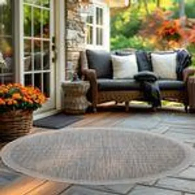 Produktbild von Outdoor Teppich Wetterfest, Pflegeleicht Stilvolles Modern Design, ideal für Terrasse, Balkon, Garten, Küche, Größe: 200 cm Rund, Farbe: Grau