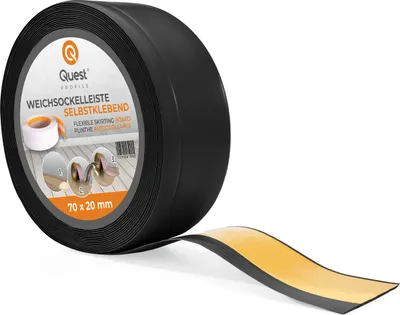 Produktbild von QUEST Weichsockelleiste Selbstklebend 70x20mm, 1m, Sockelleiste Knickleiste aus PVC Kunststoff, Flexible Fußleiste, schwarz