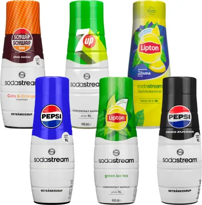 Image de Sirop SodaStream Pepsi, Pepsi Max Light,, 7UP, Schwip Schwap No Sugar, Lipton Ice Tea Green Tea with Citrus, Lipton Ice Tea Lemonade, 440ml, 6 pièces