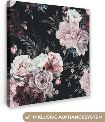 Produktbild von MuchoWow® - Leinwandbilder - Vintage - Rosen - Romantisch - Blumen, Wandbild, Wanddeko Bilder Wohnzimmer, 90x90cm