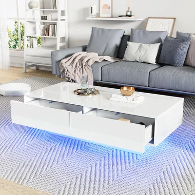 Obrázek produktu pro Konferenční stolek Moderní lesklý konferenční stolek s LED osvětlením 115x55x34 cm, rozkládací stolek se 2 zásuvkami do malých místností