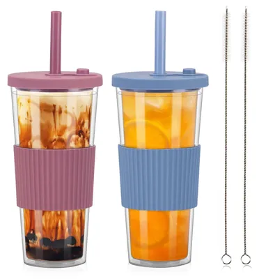 Image de Gobelets Bubble Tea 730ml - Set de 2 - Gobelets réutilisables - Isolation à double paroi - Couvercle avec paille - Système anti-fuite - Tumbler