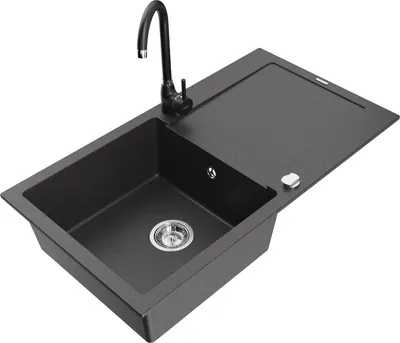 Produktbild von Mexen Leo 1 Becken-Granitspüle mit Abtropffläche und Mischbatterie Telma, Schwarz gesprenkelt - 6501-76-670200-70