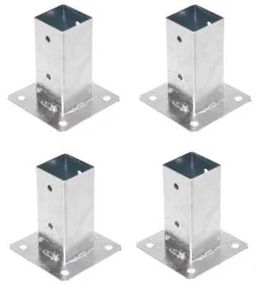 Four metal post bases are arranged in a grid on a white background.