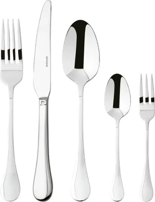 A set of five stainless steel cutlery pieces arranged on a white background.
