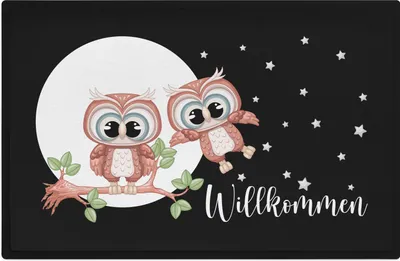 Produktbild von Trendation - Willkommen Fußmatte Grafik Schmutzfangmatte Geschenk Außen Innenbereich 60x40 cm Waschbar Türmatte Eulen