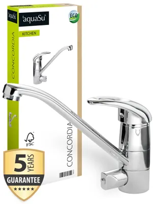 Produktbild von 'aquaSu® Spültischarmatur mit Geräteanschluss Concordia, Einhebelmischer mit Wasserspar-Kartusche, Wasserhahn für Spüle, Auslauf schwenkbar, Standard-Befestigung, Messingkern, chrom, 796019