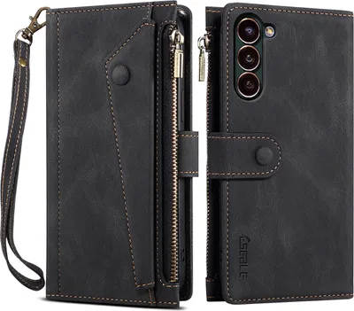 Produktbild von Schutzhülle für Samsung Galaxy S23 Reißverschluss Hülle, Leder Klapphülle Kartenfach Standfunktion Brieftasche mit Trageband Schwarz