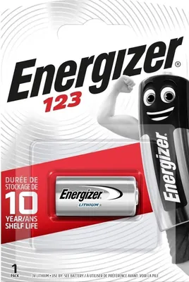 Packaging for Energizer 123 lithium batteries, featuring a cartoon battery character.