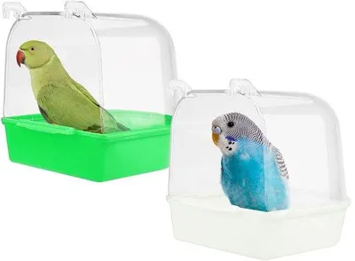 Productafbeelding van Ibenzoa® 2-delige set vogelbadhuisjes van transparant acryl – badhuisjes van 12 x 13,5 x 13 cm, geschikt voor kleine vogels, inclusief bevestigingshaken