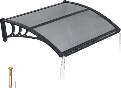 Image de Auvent VEVOR pour porte d'entrée 755 x 1000 mm, auvent en arc simple, toiture avec système de drainage et support ABS, protection contre la pluie, la neige et le soleil, toit de porte en polycarbonate pour véranda et terrasse, gris fumé