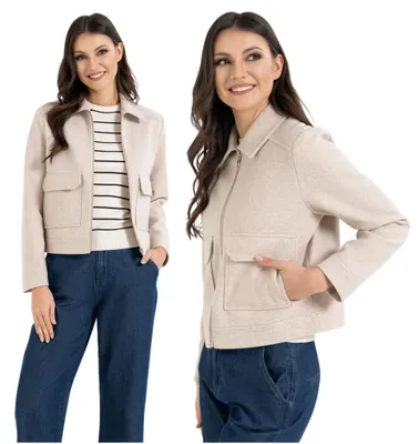 Obrázok produktu pre Dámska bomber bunda - elegantná bomber bunda, veľkosť 3XL - módna bunda, farba béžová - jemná bunda