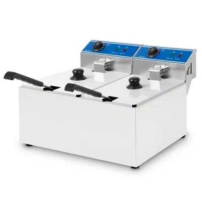 Immagine prodotto di VERTES Friggitrice Friggitrice in acciaio inox 2x 8L (2x 2,8KW, 230V, principio della zona fredda, temperatura regolabile in continuo 60-200°C, 2 cestelli per friggere